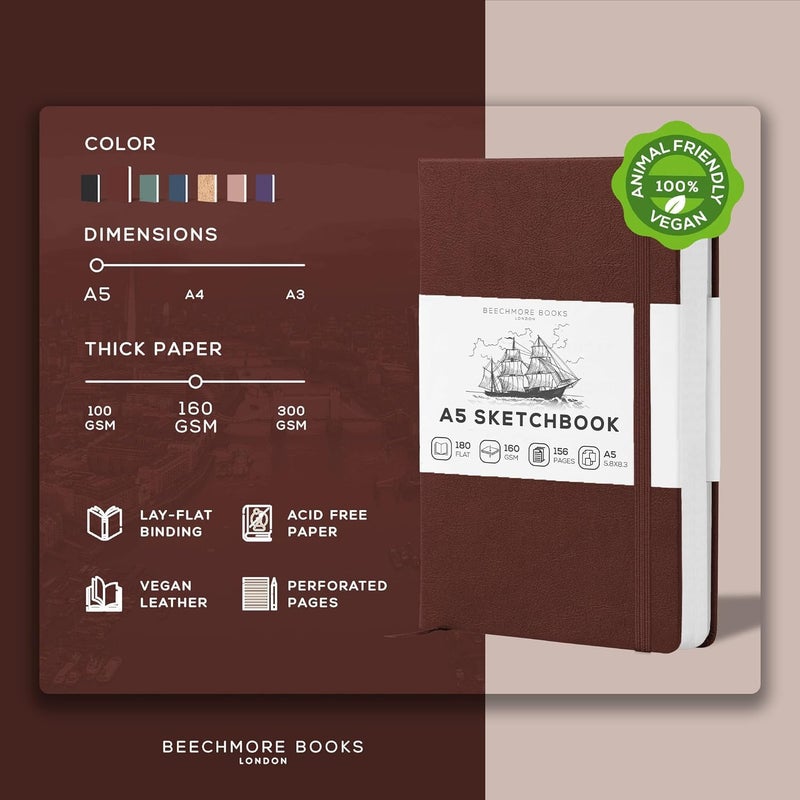 Beechmore Books دفتر رسم A5 – 5.8x8.3 جلد فاخر نباتي كبير مع 156 صفحة سميكة 160gsm بيج عاجي مثقبة، دفتر رسم فارغ، مع صندوق هدايا، جيب خلفي، علامة مرجعية - Image 2